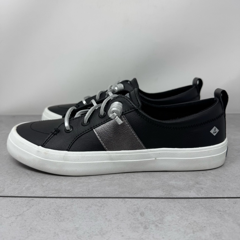 Sperry Women’s Crest Vibe Black & Silver Leather Sneakers Size 8